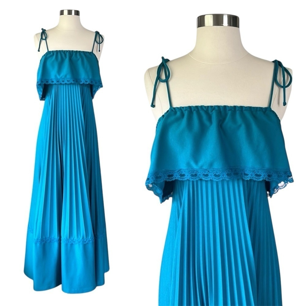 VINTAGE Tie Shoulder Pleated A-Line Maxi Dress Size Medium